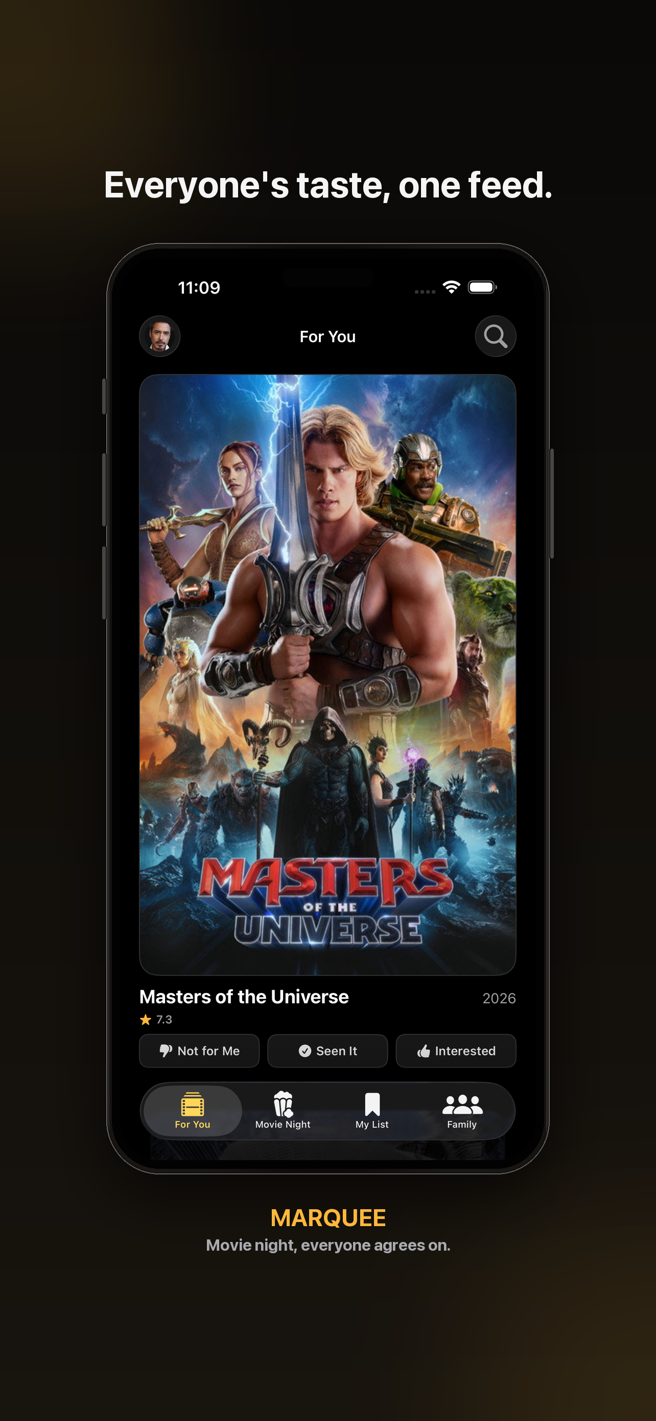 Marquee's For You feed, showing a personalized movie recommendation with Not for Me, Seen It, and Interested reaction buttons
