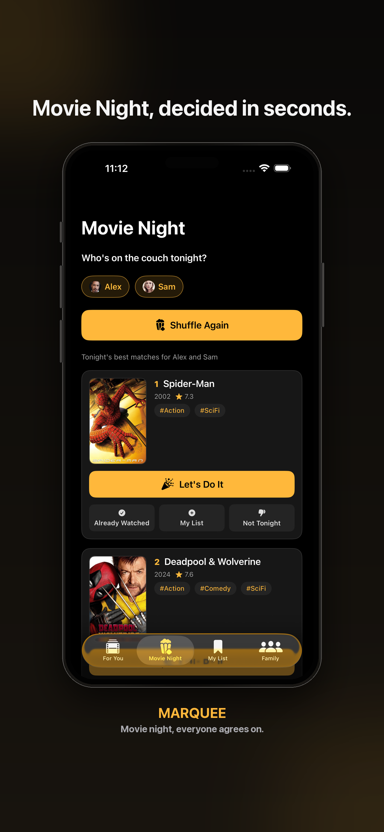 Marquee's Movie Night screen, picking attendees and shuffling to a group movie match