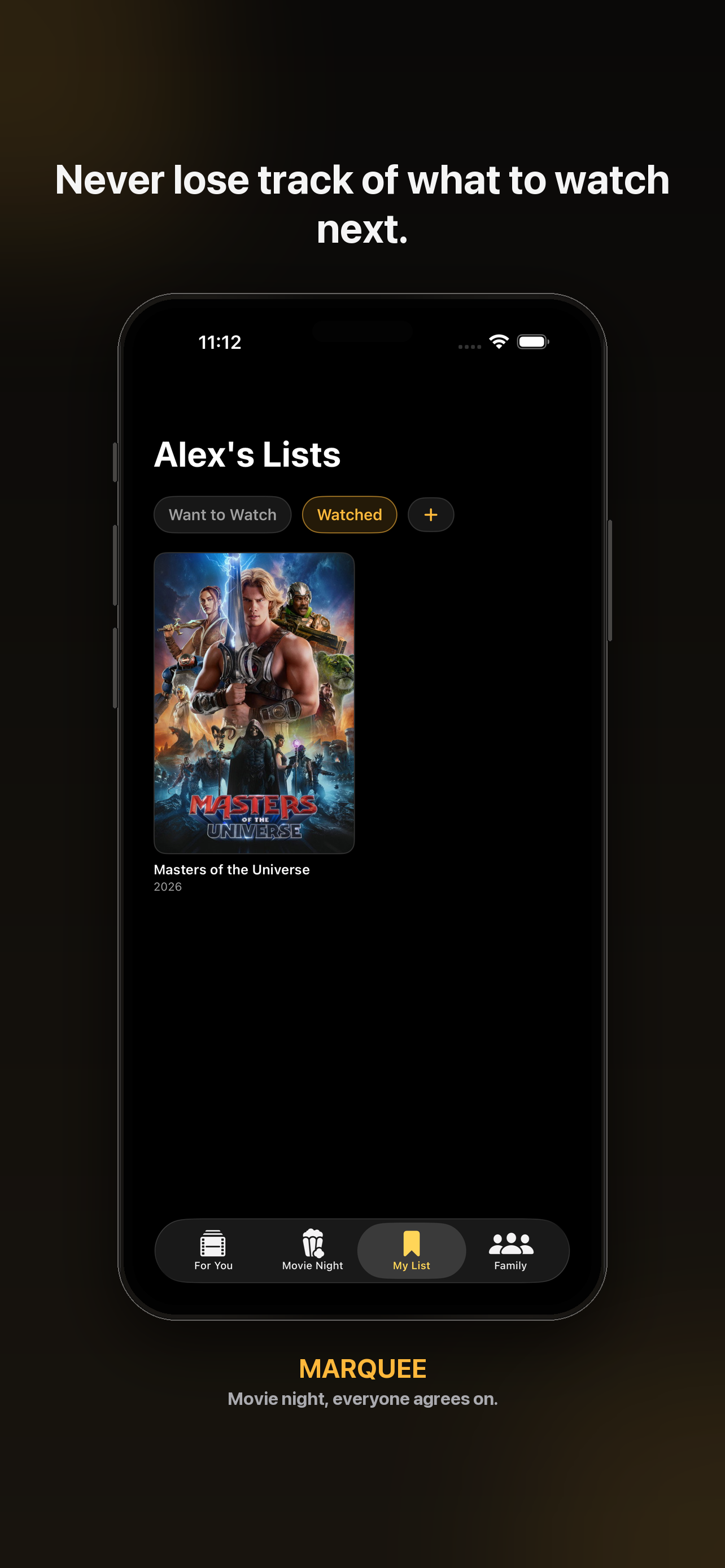 Marquee's My List screen showing a member's watched movies