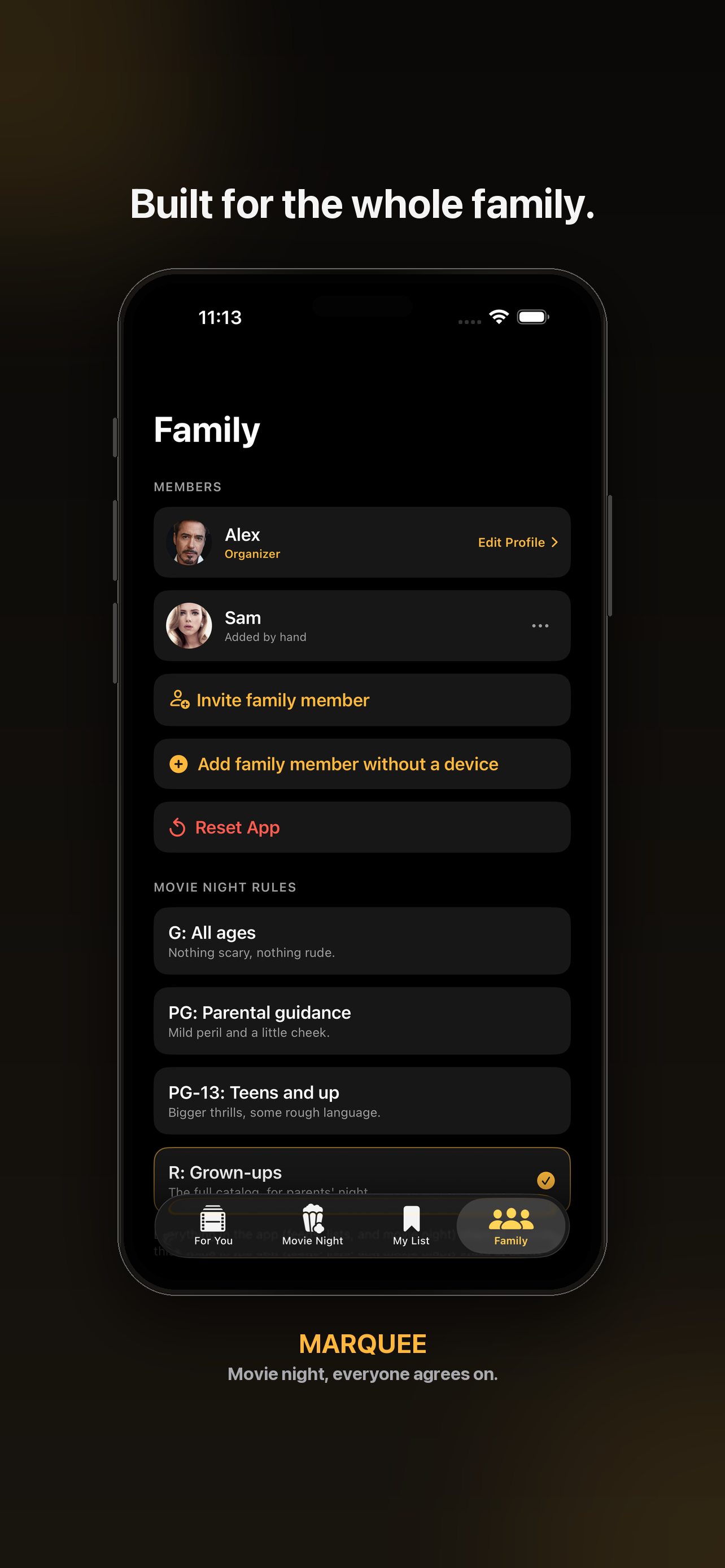 Marquee's Family tab, showing family members and age-rating rules for movie night