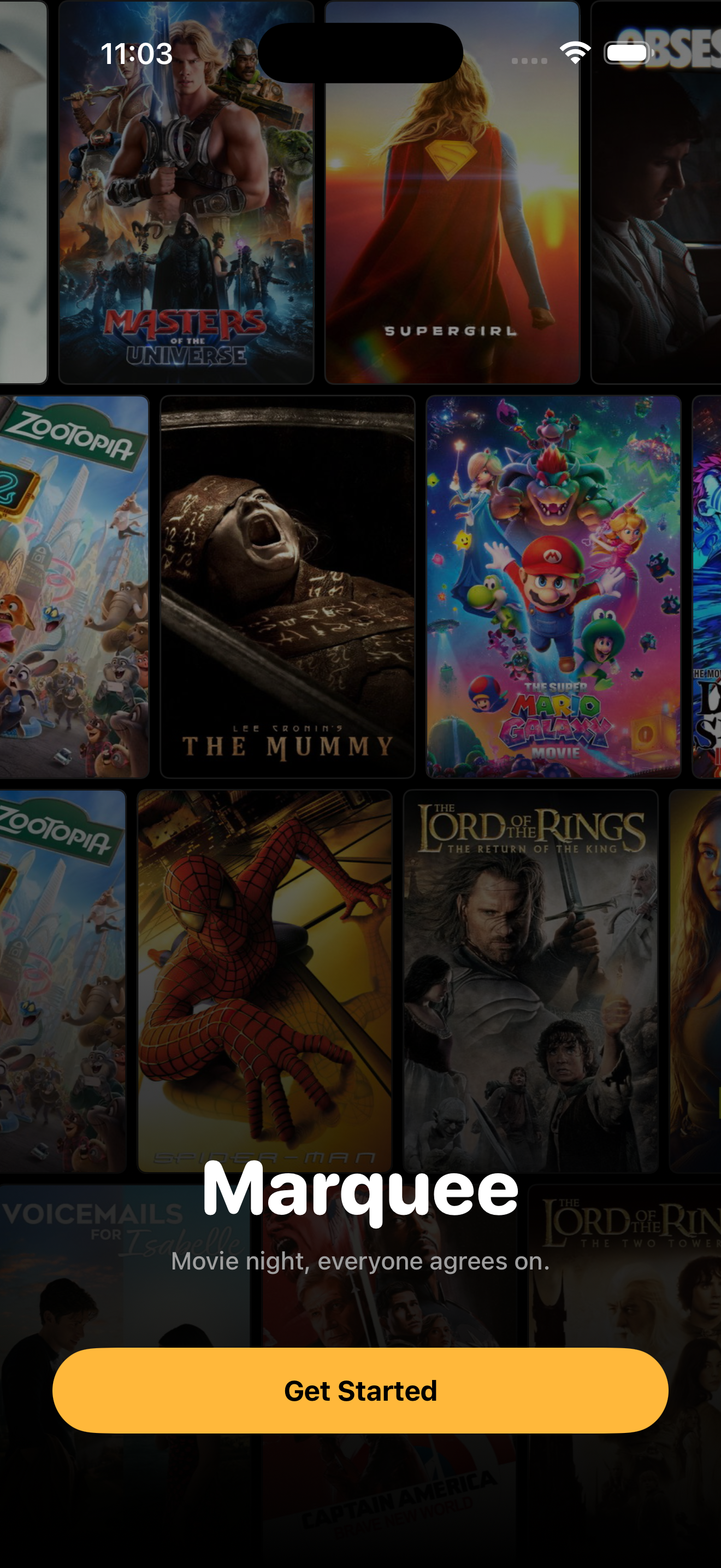 Marquee's animated poster-wall splash screen, with the Marquee wordmark and tagline over a grid of real movie posters